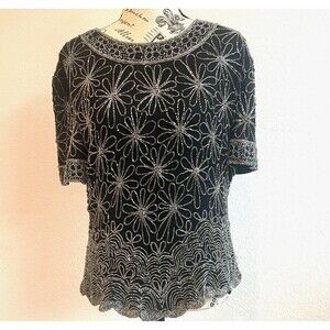 VTG Pappel Boutiqe Evening Blouse XL Black Beaded 100% Silk Short Classic Formal